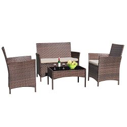 Devoko 4 Pieces Patio Conversation Set Porch Furniture Garden Rattan Sofas Patio Furniture Sets  ...