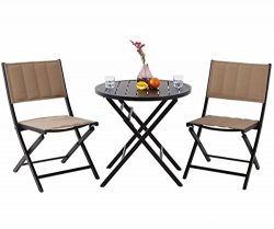 PHI VILLA Indoor Outdoor 3 Pcs Folding Bistro Set- Patio Porch Oversize Padded Dining Chairs and ...