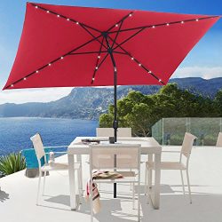 10 ft Rectangular Solar Powered Umbrella Iron Steel 26 LED Lighted Push Button Auto Tilt Crank A ...