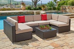 Suncrown Outdoor Furniture Sectional Sofa Set (7-Piece Set) All-Weather Brown Wicker with Brown  ...