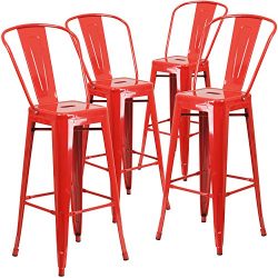 Flash Furniture 4 Pk. 30” High Red Metal Indoor-Outdoor Barstool with Back