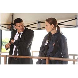 Bones (8 inch by 10 inch) PHOTOGRAPH Emily Deschanel Coveralls David Boreanaz Black Suit White T ...