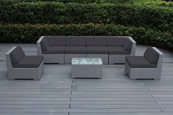 Ohana Outdoor Patio Wicker Furniture Sectional Conversation 7pc Gray Wicker Sofa Set with Free P ...