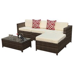 5pc Patio Conversation Set, Outdoor PE Wicker Rattan Sectional Furniture Set with Cream White Se ...