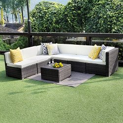 Outdoor Conversation Set Patio Furniture, 7PCS Outdoor Gray Wicker Sofa Set Sectional Furniture  ...