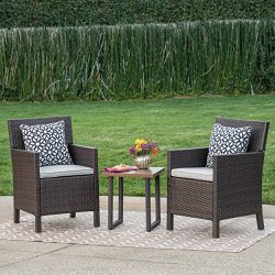 Casas Outdoor 3 Piece Multibrown Wicker Chat Set with Light Brown Water Resistant Cushions and M ...