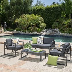 Nealie Patio Furniture ~ 4 Piece Outdoor Aluminum Chat Set (Dark Grey)