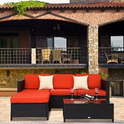 Peach Tree 5 PCs Outdoor Patio PE Rattan Wicker Sofa Sectional Furniture Set With 2 Pillows and  ...