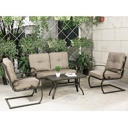 Cloud Mountain 4 Piece Cushioned Outdoor Furniture Garden Patio Conversation Set, Wrought Iron C ...