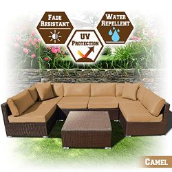 BenefitUSA 7 PC Rattan Wicker Patio Set Outdoor Sectional Sofa Furniture Set With Cushion (Camel)