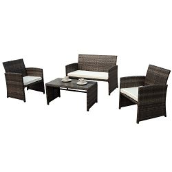 4pc Patio Conversation Set, Rattan Sectional Furniture Set with Cream White Seat Cushions, Outdo ...