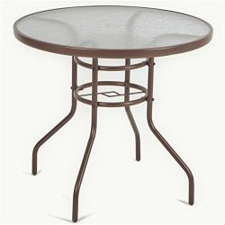 LUCKUP 32″ Patio Outdoor Dining Table Tempered Glass Top Umbrella Stand Round Table, Brown