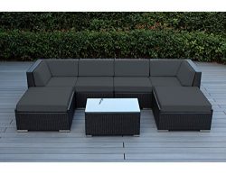 Ohana 7-Piece Outdoor Patio Furniture Sectional Conversation Set, Black Wicker with Gray Cushion ...