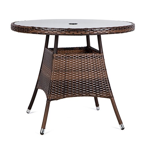 LUCKUP 36" Patio Outdoor Wicker Rattan Dining Table Tempered Glass Top