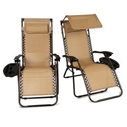 Belleze Zero Gravity Chairs (2) Set Lounge Patio Chairs with Canopy Cup Holder, Beige