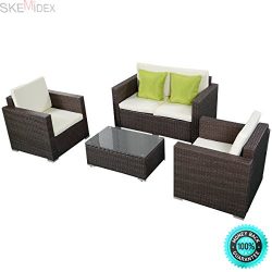 SKEMIDEX—4PC Patio Rattan Set Wicker Furniture Conversation Set Sofa Cushioned Chair Glass ...