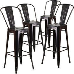 Flash Furniture 4 Pk. 30” High Black-Antique Gold Metal Indoor-Outdoor Barstool with Back