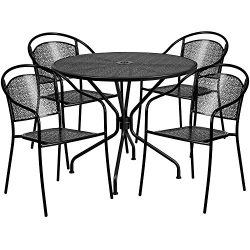 Flash Furniture 35.25” Round Black Indoor-Outdoor Steel Patio Table Set with 4 Round Back  ...