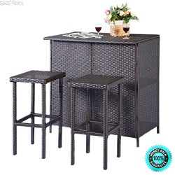 SKEMiDEX—3PCS Rattan Wicker Bar Set Patio Outdoor Table & 2 Stools Furniture Brown. It ...