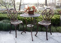 HOMEFUN Cast Aluminum Outdoor Tulip Bistro Set Weather Resistant 3pc Patio Furniture Garden Roun ...