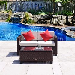 Cloud Mountain 2 PC Rattan Love Seat Furniture Bistro Sofa Set Outdoor Wicker Patio Garden Glass ...