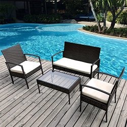 Merax 4 PC Outdoor Rattan Furniture Set Patio Wicker Cushioned Set Garden Sofa Set (Cushion Beige)