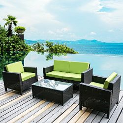 Merax 4 PC Outdoor Rattan Patio Furniture Set PE Rattan Wicker Sofa Set Garden Lawn Sofa with Cu ...