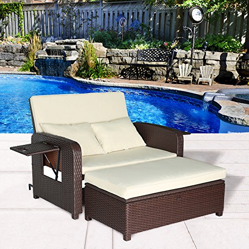 Cloud Mountain 2 Piece Patio Wicker Rattan Love Seat Sofa Daybed Set 