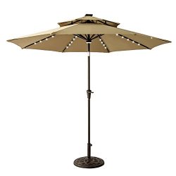 FLAME&SHADE 9ft Solar LED Light Double Top Patio Outdoor Market Umbrella Parasol with Crank  ...