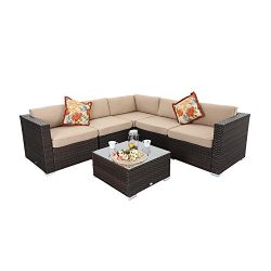 PHI VILLA 6-Piece Outdoor Rattan Sectional Sofa- Patio Wicker Furniture Set ,Beige