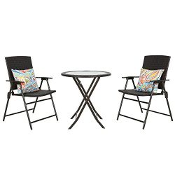 Iwicker Patio Rattan Steel Folding Bistro Set, All Weather Resistant Wicker, 3 PCS Set of Foldab ...