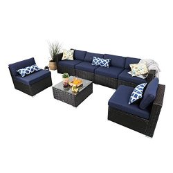 PHI VILLA 7-Piece Outdoor Rattan Sectional Sofa- Patio Wicker Furniture Set, Blue