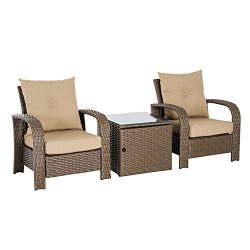 Outsunny 3 Piece Outdoor Patio Rattan Wicker Bistro Style Conversation Set with Storage Chest