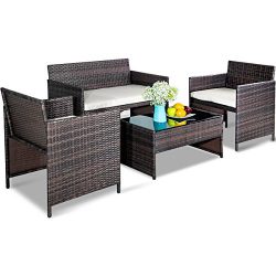 Leisure Zone 4 PC Rattan Patio Furniture Set Garden Lawn Sofa Cushioned Seat Wicker Sofa (Brown)