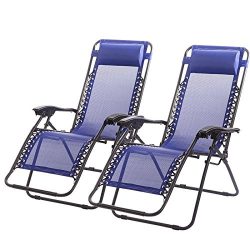 Zero Gravity Chairs Case Of (2) Black Lounge Patio Chairs Outdoor Yard Beach (Blue)