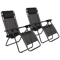 Z ZTDM 2 Pack Black Adjustable Folding Zero Gravity Recliner Chairs Lounge Deck Chair With Pillo ...