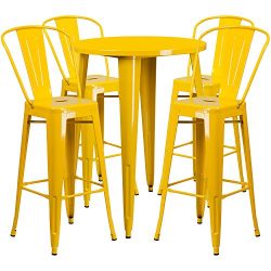 Flash Furniture 30” Round Yellow Metal Indoor-Outdoor Bar Table Set with 4 Cafe Stools