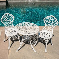 Belleze Outdoor Patio Cast Aluminum Leaf Design Bistro Set in Antique White