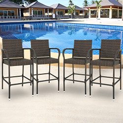 SUPER DEAL Set of 4 Patio Outdoor Wicker Bar Stool Pool Furniture Armrest, Brown Rattan Chair (4)