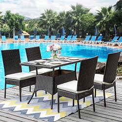 Merax 5 Pieces Indoor Outdoor Dining Set PE Rattan Garden Dining Table and Chairs Patio Set Furn ...