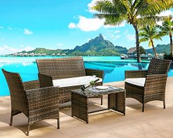 Leisure Zone 4 PC Rattan Patio Furniture Set Wicker Conversation Set Garden Lawn Outdoor Sofa Se ...