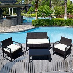 ORKAN 4PC Rattan Wicker Patio Furniture Set Sofa & Table Cushioned Lawn Garden Outdoor(BLACK)