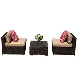 PATIOROMA Patio Furniture, 3 Piece All Weather Brown Rattan Wicker Sofa,Additional Seats for Sec ...