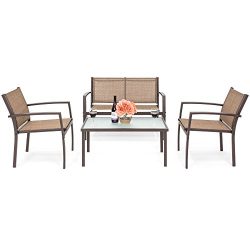 Best Choice Products 4-Piece Patio Metal Conversation Furniture Set w/Loveseat, 2 Chairs, and Gl ...