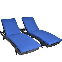 Outdoor Patio Black Rattan Wicker Adjustable Cushioned Chaise Lounge Chair(Royal Blue Cushions,S ...