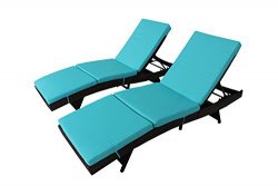 Outdoor Patio Brown Rattan Wicker Adjustable Cushioned Chaise Lounge Chair(Turquoise Cushions,Se ...