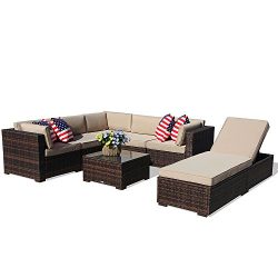 PATIOROMA Outdoor Furniture Sectional Sofa Set (7-Piece Set) All-Weather Brown Wicker with Beige ...