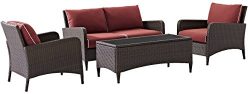 Crosley Furniture Kiawah 4-Piece Outdoor Wicker Conversation Set with Sangria Cushions – Brown