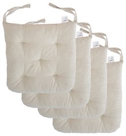 Cottone 100% Cotton Chair Pads w/ Ties (Set of 4) | 16” x 15” Round Square | Extra-Comfortable & ...