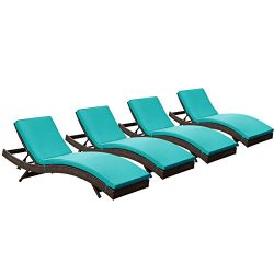 Modway Peer Outdoor Wicker Chaise Lounge Chair with Brown Rattan and Turquoise Cushions, Set of 4